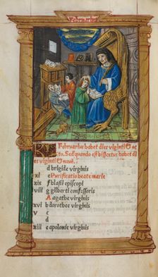 Printed Book of Hours (Use of Rome): fol. 3v, February calendar illustration, 1510. Creator: Guillaume Le Rouge (French, Paris, active 1493-1517)