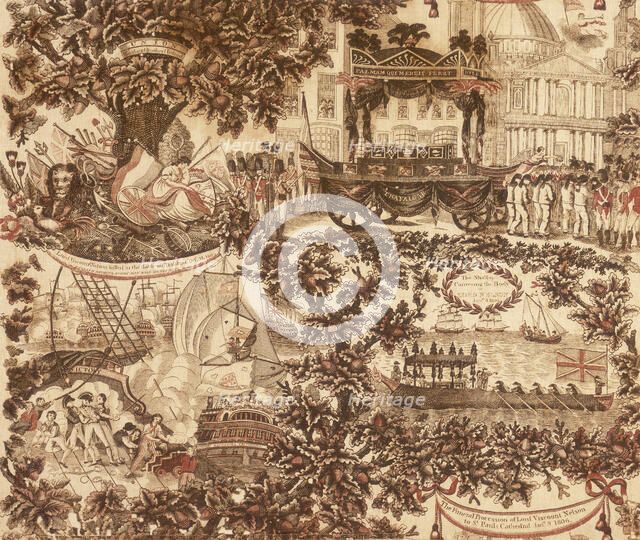 Printed linen panel depicting the funeral procession of Lord Viscount Nelson, 1806. Artist: Unknown