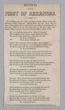 Printed lyrics for the "Song of the First of Arkansas", 1864. Creator: Unknown