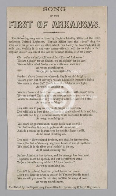 Printed lyrics for the "Song of the First of Arkansas", 1864. Creator: Unknown.