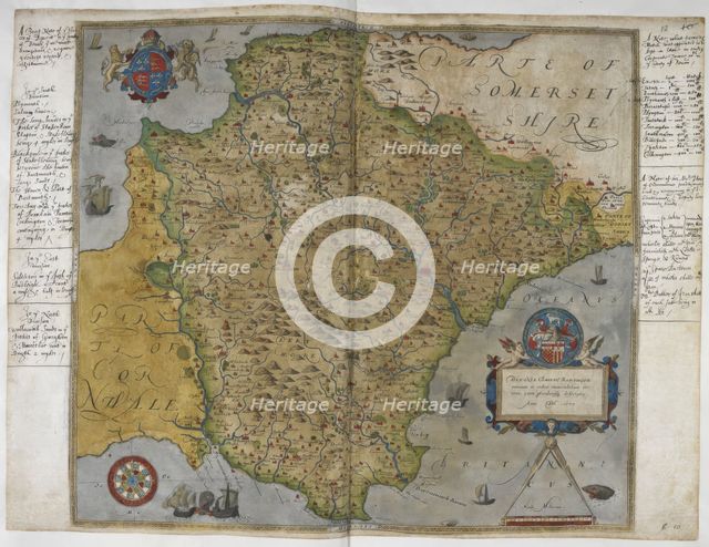 Printed map of Devon, dated 1575, with marginal notes by Lord Burghley relating to..., 1579. Creator: Christopher Saxton.