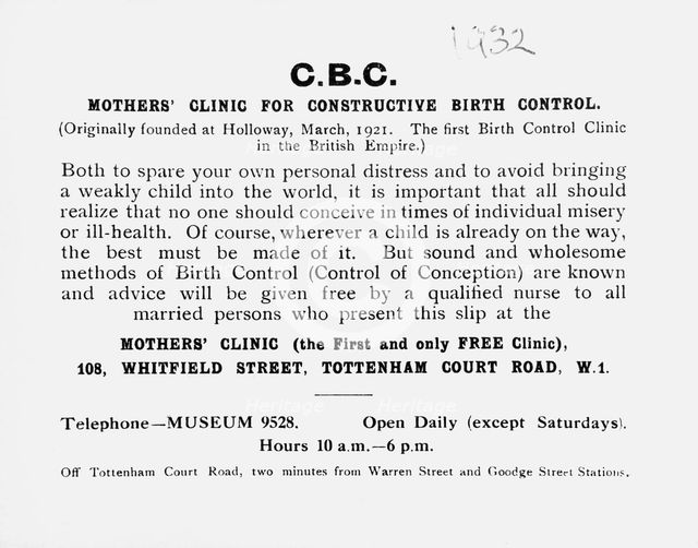 Printed slip advertising the Mothers' Clinic for Constructive Birth Control, London, (c1932?). Creator: Unknown.