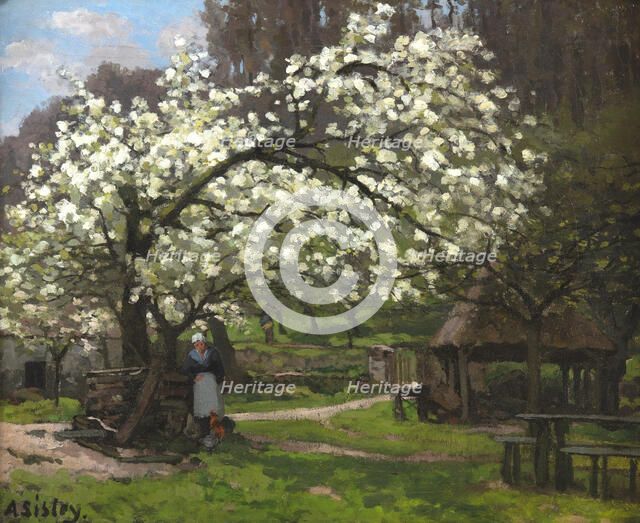 Printemps, paysanne sous les arbres en fleurs (Spring, peasant woman under..., ca. 1865. Creator: Sisley, Alfred (1839-1899).