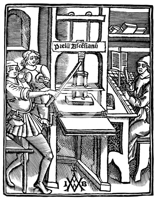 Printing press, 1511, (1893). Artist: Unknown