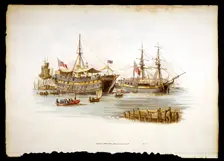Prison ships (hulks or tenders) in the Thames off the Tower of London, 1805. Creator: William Henry Pyne