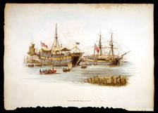 Prison ships (hulks or tenders) in the Thames off the Tower of London, 1805. Creator: William Henry Pyne