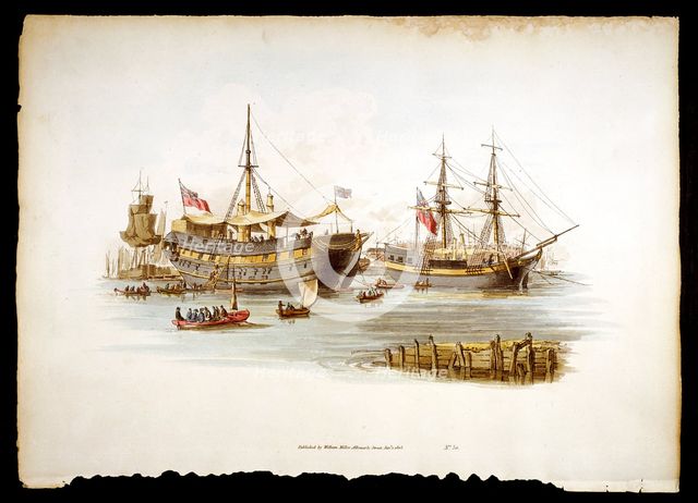 Prison ships (hulks or tenders) in the Thames off the Tower of London, 1805. Creator: William Henry Pyne.