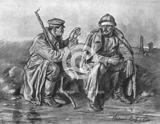 'Prisonnier bulgare donnant a un blesse serbe des nouvelles de sa patrie opprimee', 1916. Creator: Vladimir Betzitch.