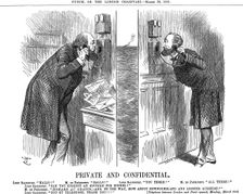 Private and Confidential opening of the Anglo-French telephone line, 1891. Creator: John Tenniel