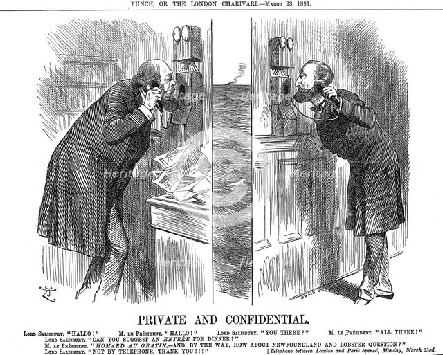 'Private and Confidential', opening of the Anglo-French telephone line, 1891. Creator: John Tenniel.