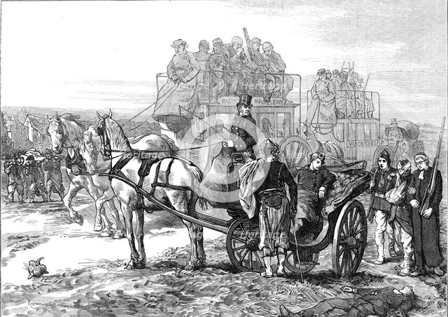 Private and public carriages used for the ambulance service outside Paris, 1871. Creator: William James Palmer.
