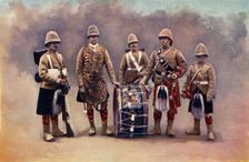 Private, Drummers, Piper, and Bugler - The Black Watch 1900. Creator: Knight