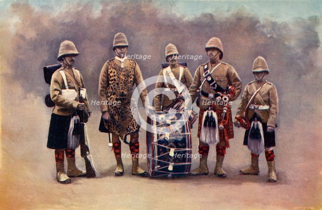 'Private, Drummers, Piper, and Bugler - The Black Watch', 1900. Creator: Knight.