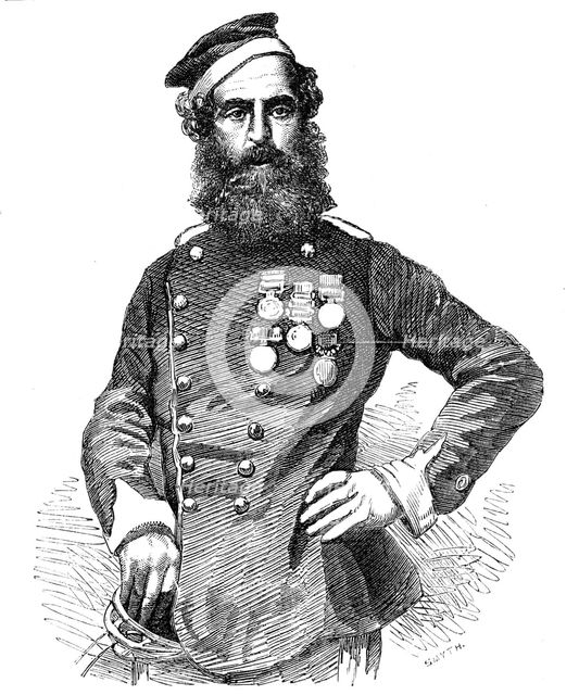 Private John Penn, 17th Lancers, with Eleven Honours, from the Crimea, from a photograph by Mayall,  Creator: Smyth.