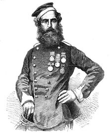 Private John Penn, 17th Lancers, with Eleven Honours, from the Crimea, from a photograph by Mayall, Creator: Smyth