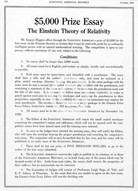 Prize offered in Scientific American, October 1920, for an essay on Einstein's theory of relativity. Creator: Unknown.