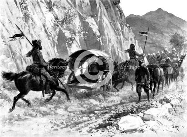 "Pro Gloria Patriae": bodies of officers killed in the Indian Frontier Campaign..., 1898. Creator: Samuel Begg.