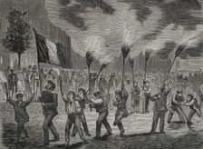 Pro-war demonstration in Paris, 16 July 1870. The French parliament voted to declare war on Prussia. Creator: Unknown