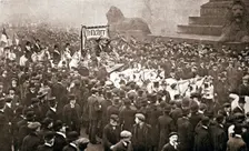 Procession to welcome the early release of suffragettes from prison on 19 December 1908. Creator: Unknown