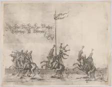 Procession, with men riding horses; three men playing trumpets at front, a knight ..., 16th century. Creator: Anon