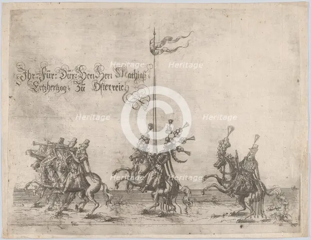 Procession, with men riding horses; three men playing trumpets at front, a knight ..., 16th century. Creator: Anon.