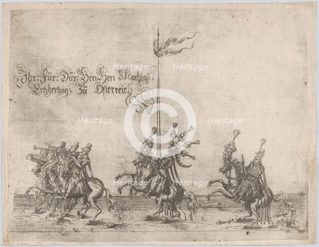 Procession, with men riding horses; three men playing trumpets at front, a knight ..., 16th century. Creator: Anon.