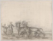 Procession, with two figures and two lions, 16th century., 16th century. Creator: Anon