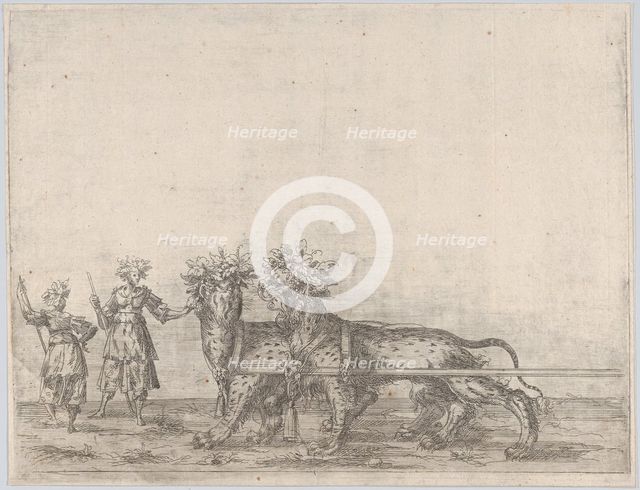 Procession, with two figures and two lions, 16th century., 16th century. Creator: Anon.