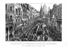 Procession approaching St Paul's Cathedral, Thanksgiving Day, 27 February, 1872, (1899)