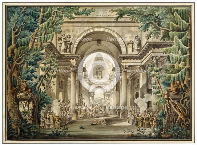 Procession in a temple. Set design for a theatre play, 18th or early 19th century. Artist: Louis Jean Desprez