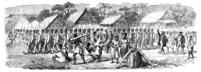 Procession of the British Envoys to Madagascar from the seashore to the Fort of Tamatave..., 1862. Creator: Unknown.
