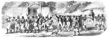 Procession of the British Envoys to Madagascar from the seashore to the Fort of Tamatave..., 1862. Creator: Unknown