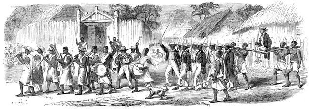 Procession of the British Envoys to Madagascar from the seashore to the Fort of Tamatave..., 1862. Creator: Unknown.