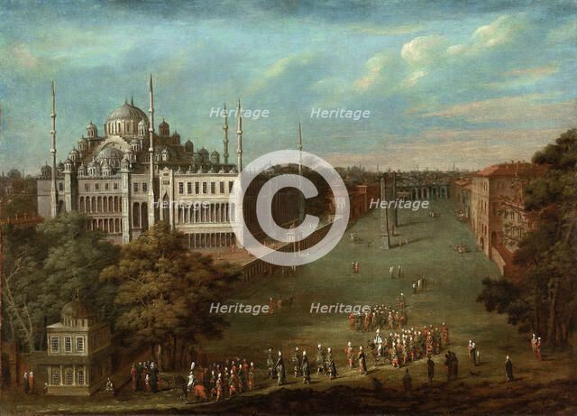 Procession of the Grand Vizier on the Hippodrome Square with the Sultan Ahmed Mosque, 1737. Artist: Vanmour (Van Mour), Jean-Baptiste (1671-1737)