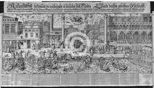 Procession of the Doge to the Bucintoro on Ascension Day, with a View of Venice, ca. 1565,..., 1697. Creator: Jost Ammon.