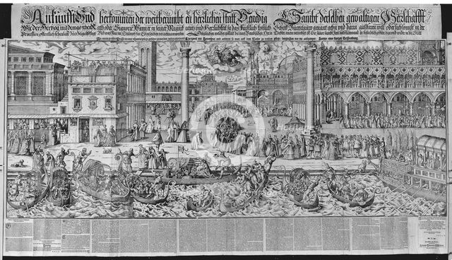 Procession of the Doge to the Bucintoro on Ascension Day, with a View of Venice, ca. 1565,..., 1697. Creator: Jost Ammon.