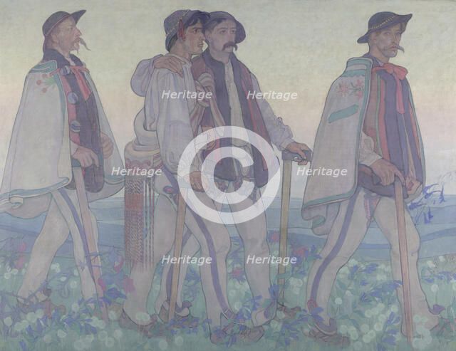 Procession of the Highlanders - central part of the 'Dawn' triptych - decorative panneau..., 1909. Creator: Jan Rembowski.