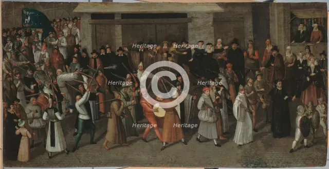 Procession of the League on Ile de la Cite, just outside Notre-Dame, c1590. Creator: Francois Bunel.