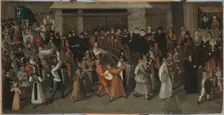 Procession of the League on Ile de la Cite, just outside Notre-Dame, c1590. Creator: Francois Bunel