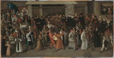 Procession of the League on Ile de la Cite, just outside Notre-Dame, c1590. Creator: Francois Bunel