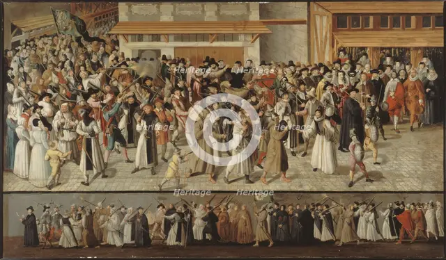 Procession of the League on l'ile de la Cite, leaving Notre-Dame, c1590. Creator: Francois Bunel.