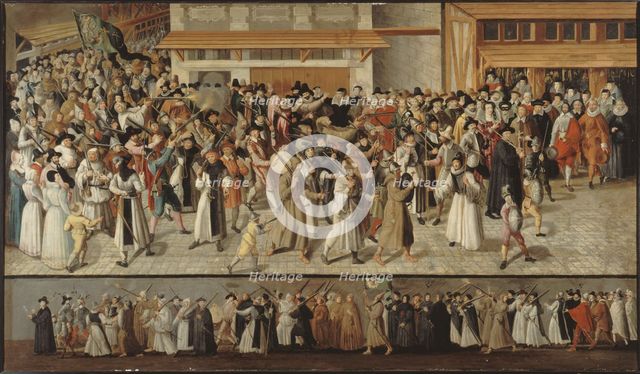 Procession of the League on l'ile de la Cite, leaving Notre-Dame, c1590. Creator: Francois Bunel.