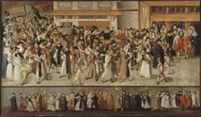 Procession of the League on l'ile de la Cite, leaving Notre-Dame, c1590. Creator: Francois Bunel