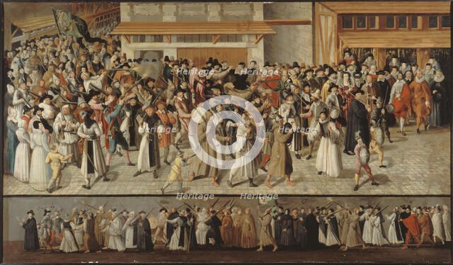Procession of the League on l'ile de la Cite, leaving Notre-Dame, c1590. Creator: Francois Bunel.