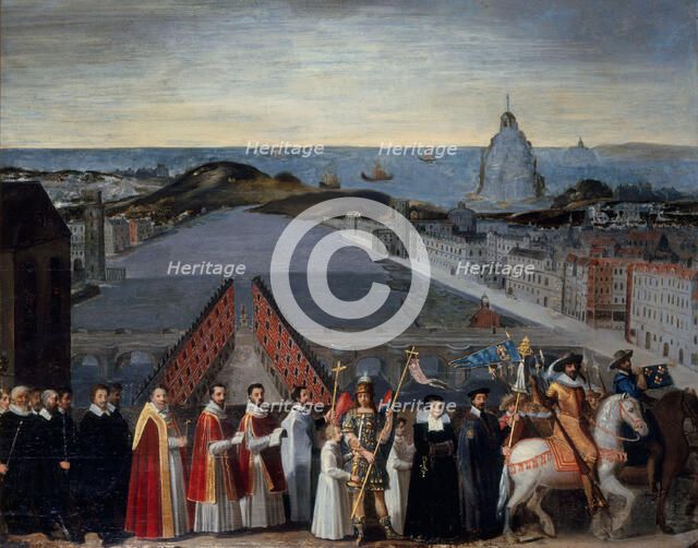 Procession of the Parisian brotherhood of Mont Saint-Michel pilgrims on the Pont..., c1610-1620. Creator: Unknown.