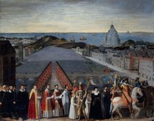 Procession of the Parisian brotherhood of Mont Saint-Michel pilgrims on the Pont..., c1610-1620. Creator: Unknown