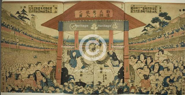 Procession of Wrestlers for a Fundraising Match (Kanjin ozumo dohyo-iri no zu), early 1850s. Creator: Utagawa Yoshimune.