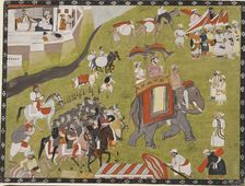 Procession of a Raja on elephant with armed escort and retainers, late 19th century