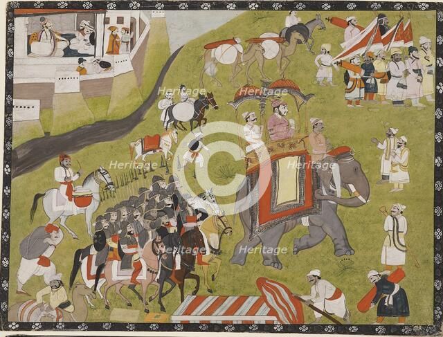 Procession of a Raja on elephant with armed escort and retainers, late 19th century. Artist: Unknown.