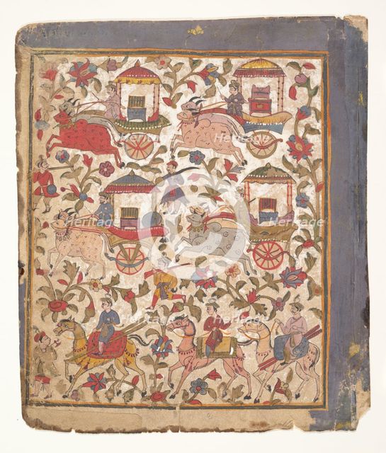 Procession of Carriages Carrying Booty...from a Dispersed Bhagavata Purana Manuscript , c1640-50. Creator: Unknown.